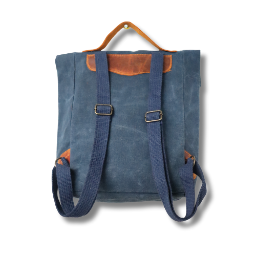 Lacivert Kanvas Deri Tokalı Sırt Çantası – Retro Stil