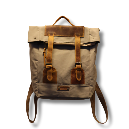 Bej Kanvas Deri Tokalı Sırt Çantası – Klasik & Günlük Kullanım