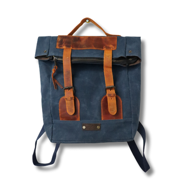 Lacivert Kanvas Deri Tokalı Sırt Çantası – Retro Stil