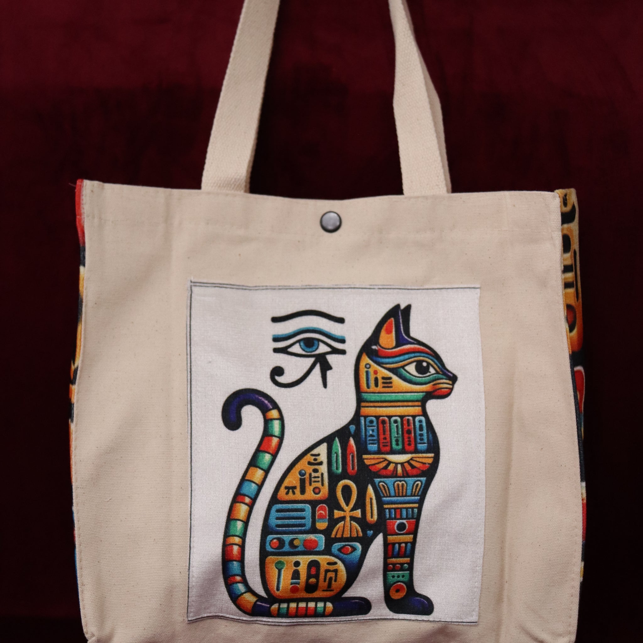 Renkli Antik Mısır Kedi Motifli Canvas Çanta