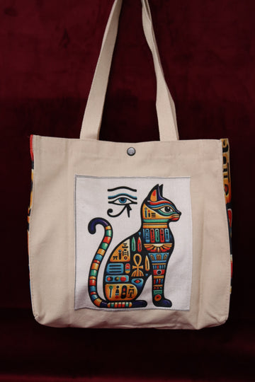 Renkli Antik Mısır Kedi Motifli Canvas Çanta