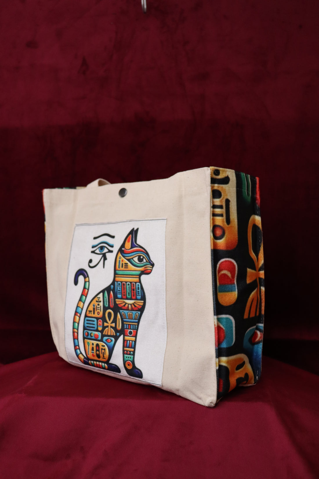 Renkli Antik Mısır Kedi Motifli Canvas Çanta