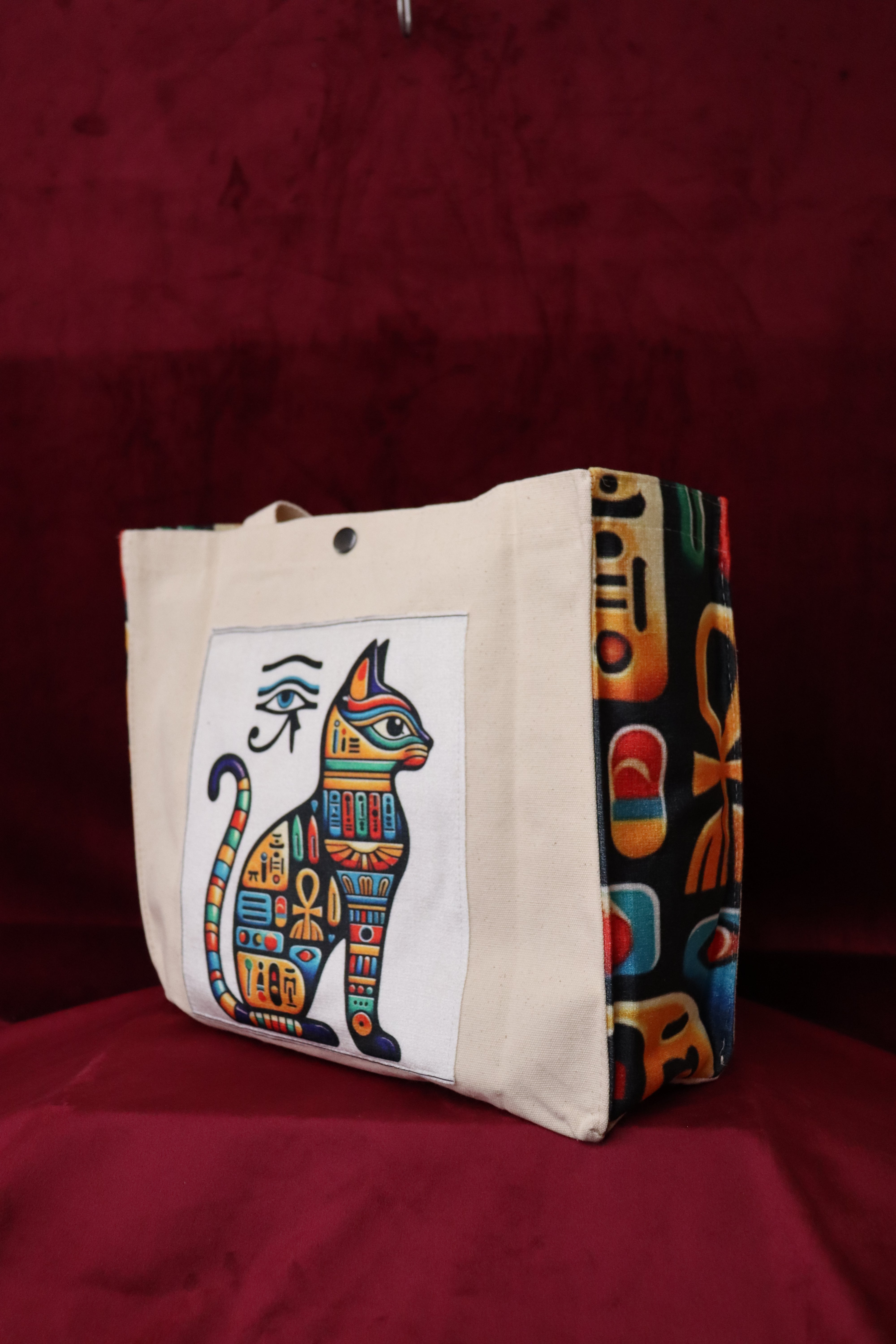 Renkli Antik Mısır Kedi Motifli Canvas Çanta